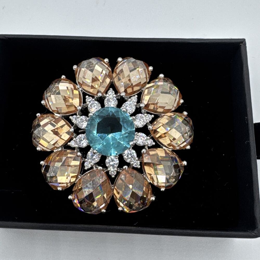 Vintage CWE Sterling Silver 925 Multi-Stone Brooch Pin Aqua Amber Blue CZ 2” - Picture 2 of 10